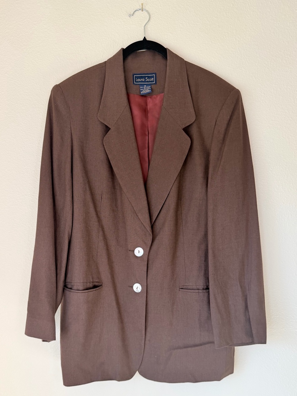 Vintage Laura Scott Womens Brown Linen-Blend Blazer Jacket, Size 16